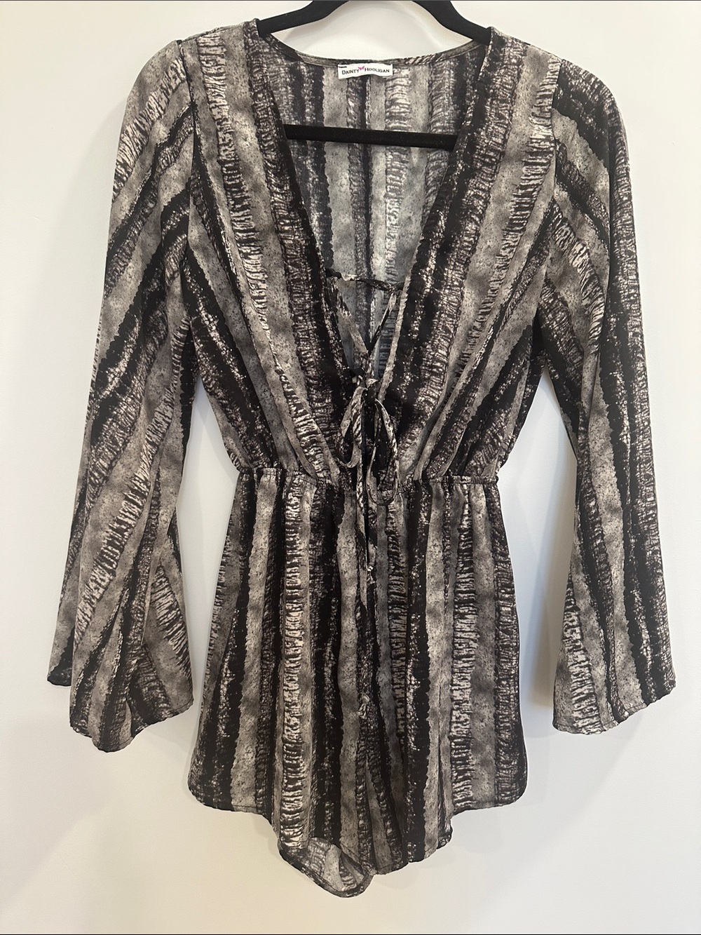 Striped Tie-Front V-Neck Romper in Black & Gray